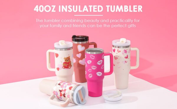 40 Oz Tumbler With Handle Straw Insulated, Stainless Steel Spill Proof Vacuum Coffee Cup Tumbler With Lid Tapered Mug Gifts For Valentine Lover Suitable For Car Gym Office Travel, 1200ML - Image 4
