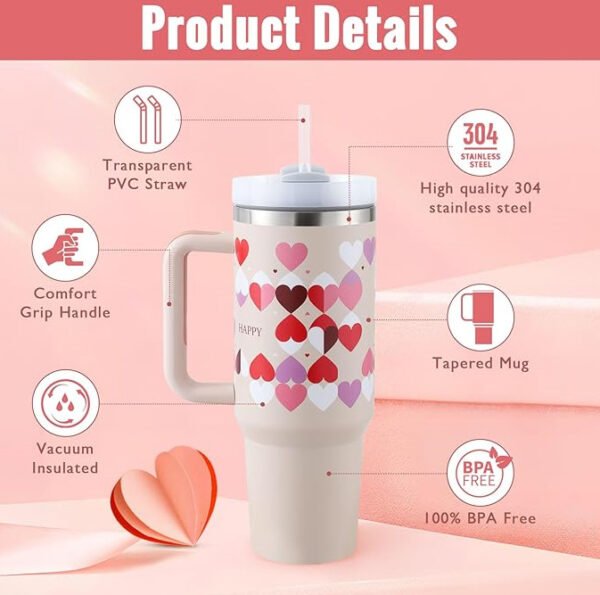 40 Oz Tumbler With Handle Straw Insulated, Stainless Steel Spill Proof Vacuum Coffee Cup Tumbler With Lid Tapered Mug Gifts For Valentine Lover Suitable For Car Gym Office Travel, 1200ML - Image 2